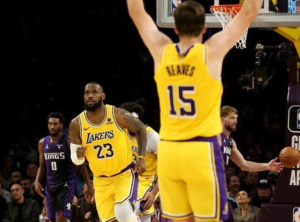 Los Angeles, CA -  Lakers forward LeBron James runs upcourt after scoring a basket against the Kings in the second half at crypto.com Arena in Los Angeles on Wednesday night, Nov. 15, 2023. (Luis Sinco / Los Angeles Times via Getty Images)