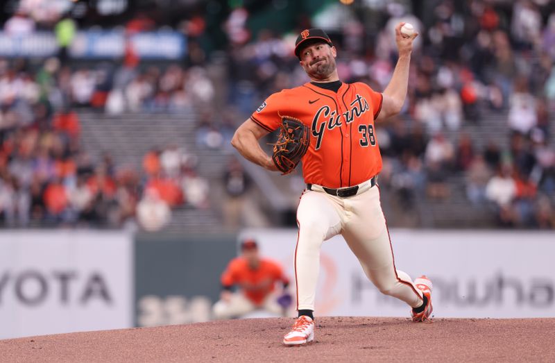 May 2, 2025; San Francisco, California, USA; San Francisco Giants starting pitcher Robbie Ray (38) pitches the ball against the Colorado Rockies during the first inning at Oracle Park. Mandatory Credit: Kelley L Cox-Imagn Images