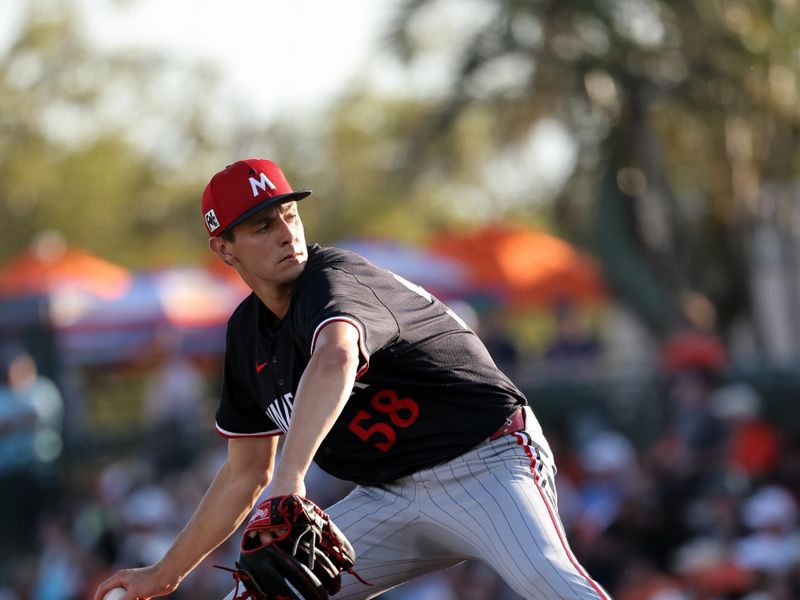 Mar 14, 2025; Sarasota, Florida, USA;  Minnesota Twins starting pitcher David Festa (58) throws a pitch during the second inning against the Baltimore Orioles at Ed Smith Stadium. Mandatory Credit: Kim Klement Neitzel-Imagn Images