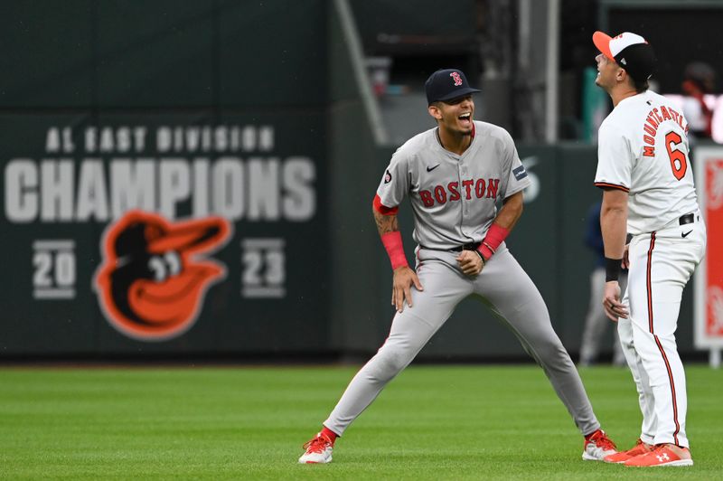 May 29, 2024; Baltimore, Maryland, USA;  Boston Red Sox second baseman Vaughn Grissom (5) and Baltimore Orioles first baseman Ryan Mountcastle (6) speak before the game at Oriole Park at Camden Yards. Mandatory Credit: Tommy Gilligan-USA TODAY Sports