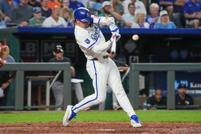 Sep 4, 2024; Kansas City, Missouri, USA; Kansas City Royals shortstop Bobby Witt Jr. (7) hits a double against the Cleveland Guardians in the seventh inning at Kauffman Stadium. Mandatory Credit: Denny Medley-Imagn Images