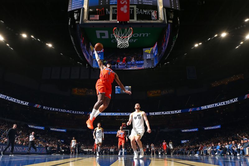 OKLAHOMA CITY, OK - DECEMBER 3: Jalen Williams #8 of the Oklahoma City Thunder dunks the ball during the game against the Utah Jazz during the Emirates NBA Cup game on on December 3, 2024 at Paycom Center in Oklahoma City, Oklahoma. NOTE TO USER: User expressly acknowledges and agrees that, by downloading and or using this photograph, User is consenting to the terms and conditions of the Getty Images License Agreement. Mandatory Copyright Notice: Copyright 2024 NBAE (Photo by Zach Beeker/NBAE via Getty Images)