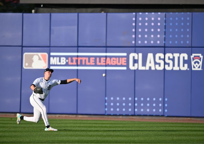 Aug 18, 2024; Williamsport, Pennsylvania, USA; Detroit Tigers starting pitcher Tarik Skubal (29) warms up before the game against the New York Yankees at BB&T Ballpark at Historic Bowman Field. Mandatory Credit: Kyle Ross-USA TODAY Sports