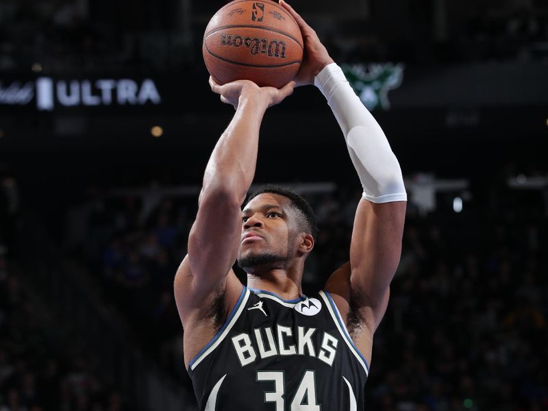 MILWAUKEE, WI - NOVEMBER 22:  Giannis Antetokounmpo #34 of the Milwaukee Bucks shoots a free throw during the game against the Indiana Pacers during a Emirates NBA Cup on November 22, 2024 at Fiserv Forum Center in Milwaukee, Wisconsin. NOTE TO USER: User expressly acknowledges and agrees that, by downloading and or using this Photograph, user is consenting to the terms and conditions of the Getty Images License Agreement. Mandatory Copyright Notice: Copyright 2024 NBAE (Photo by Gary Dineen/NBAE via Getty Images).