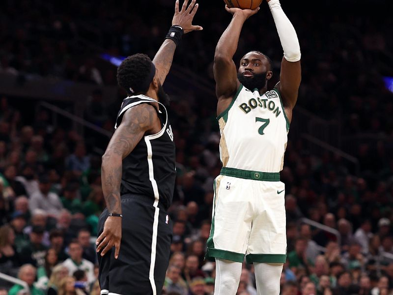 BOSTON, MASSACHUSETTS - NOVEMBER 10: Jaylen Brown #7 of the Boston Celtics takes a shot over Royce O'Neale #00 of the Brooklyn Nets during the first quarter of their In-Season Tournament game at TD Garden on November 10, 2023 in Boston, Massachusetts. NOTE TO USER: User expressly acknowledges and agrees that, by downloading and or using this photograph, User is consenting to the terms and conditions of the Getty Images License Agreement. (Photo by Maddie Meyer/Getty Images)