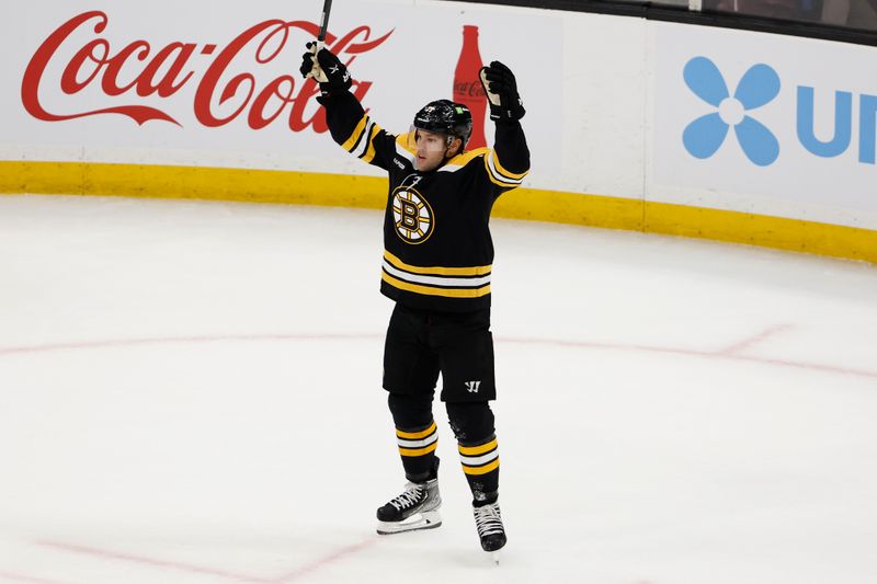 Oct 25, 2022; Boston, Massachusetts, USA; Boston Bruins left wing Taylor Hall (71) celebrates his goal against the Dallas Stars during the second period at TD Garden. Mandatory Credit: Winslow Townson-USA TODAY Sports