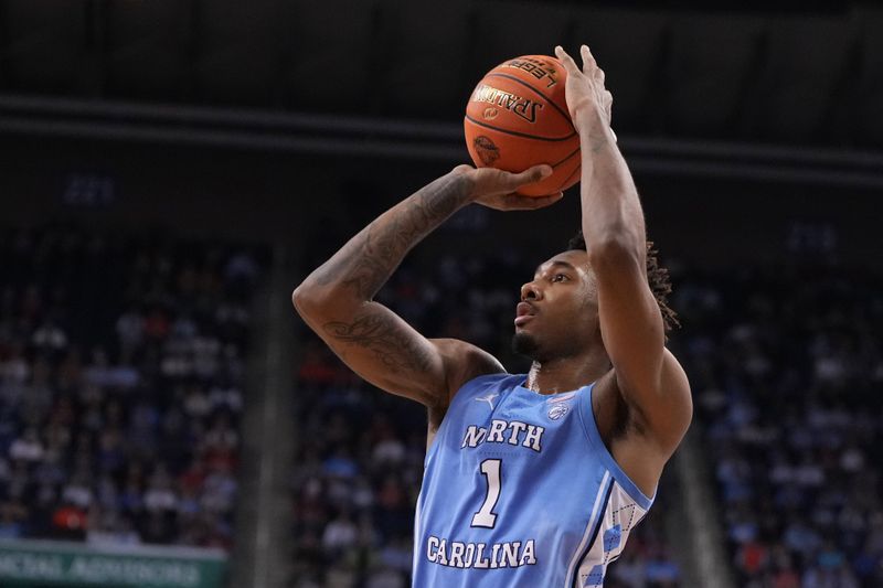 Mar 9, 2023; Greensboro, NC, USA; North Carolina Tar Heels forward Leaky Black (1) shoots in the first half of the quarterfinals of the ACC tournament at Greensboro Coliseum.  Mandatory Credit: Bob Donnan-USA TODAY Sports