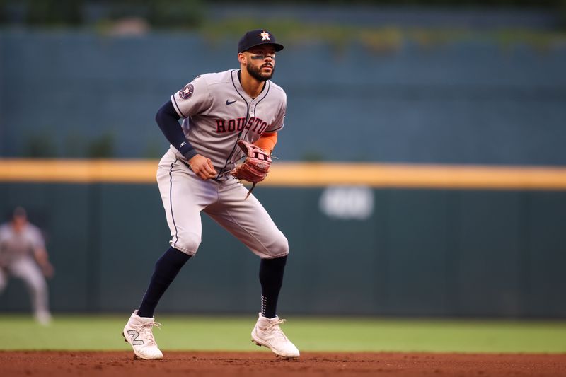 Sep 12, 2025; Atlanta, Georgia, USA; Houston Astros third baseman Carlos Correa (1) in action against the Atlanta Braves in the first inning at Truist Park. Mandatory Credit: Brett Davis-Imagn Images