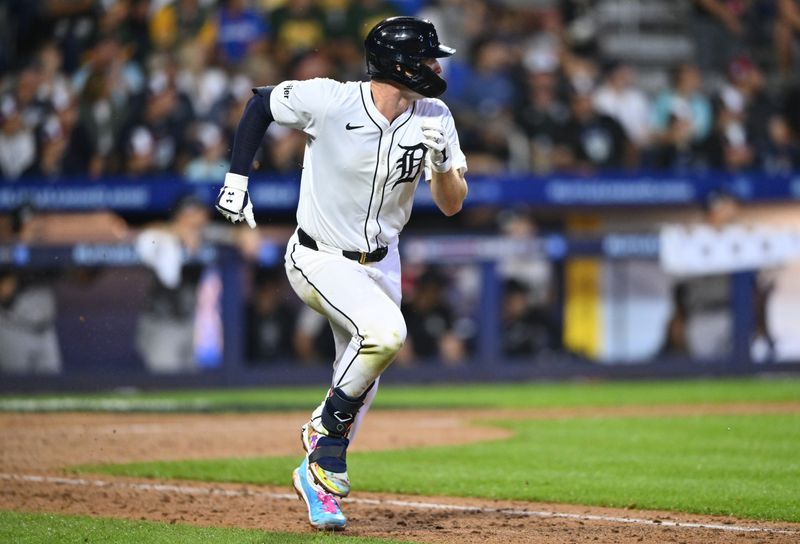 Aug 18, 2024; Williamsport, Pennsylvania, USA; Detroit Tigers infielder Colt Keith (33) runs toward first after hitting a double against the New York Yankees in the ninth inning at BB&T Ballpark at Historic Bowman Field. Mandatory Credit: Kyle Ross-USA TODAY Sports