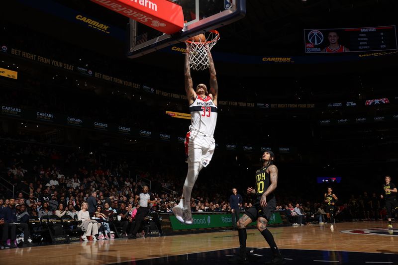 WASHINGTON, DC -? JANUARY 25: Kyle Kuzma #33 of the Washington Wizards dunks the ball during the game against the Utah Jazz on January 25, 2024 at Capital One Arena in Washington, DC. NOTE TO USER: User expressly acknowledges and agrees that, by downloading and or using this Photograph, user is consenting to the terms and conditions of the Getty Images License Agreement. Mandatory Copyright Notice: Copyright 2024 NBAE (Photo by Stephen Gosling/NBAE via Getty Images)