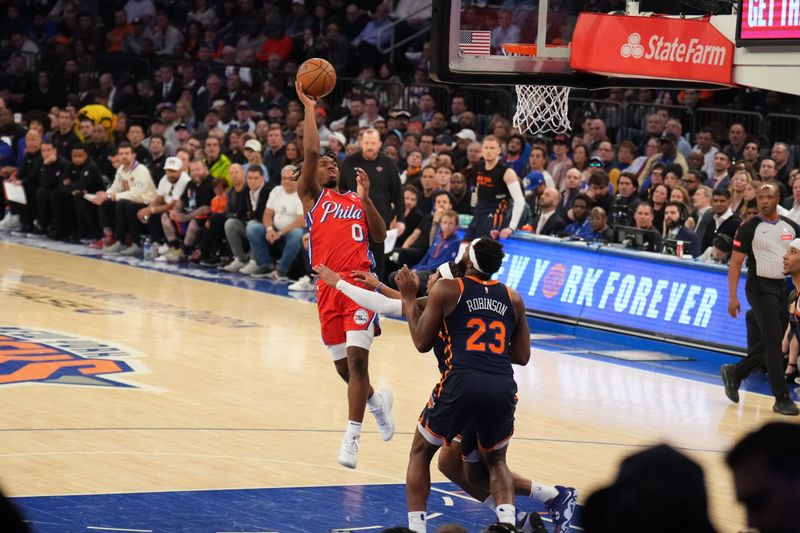 NEW YORK, NY - APRIL 22: Tyrese Maxey #0 of the Philadelphia 76ers drives to the basket during the game against the New York Knicks during Round 1 Game 2 of the 2024 NBA Playoffs on April 22, 2024 at Madison Square Garden in New York City, New York.  NOTE TO USER: User expressly acknowledges and agrees that, by downloading and or using this photograph, User is consenting to the terms and conditions of the Getty Images License Agreement. Mandatory Copyright Notice: Copyright 2024 NBAE  (Photo by Jesse D. Garrabrant/NBAE via Getty Images)