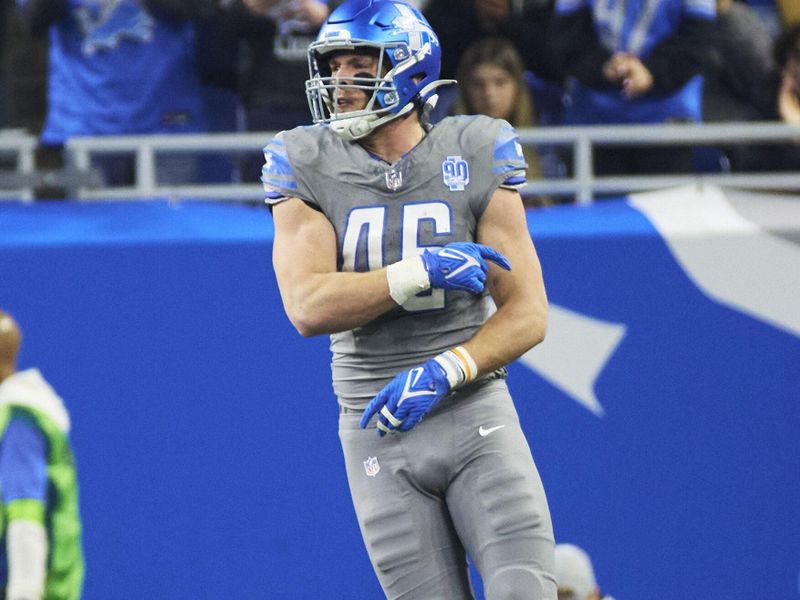 Detroit Lions linebacker Jack Campbell (46) celebrates against the Minnesota Vikings during an NFL football game at Ford Field in Detroit, Sunday, Jan. 7, 2024. (AP Photo/Rick Osentoski)