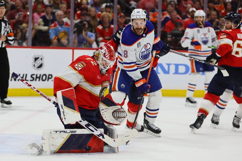 Jun 24, 2024; Sunrise, Florida, USA; goaltender Sergei Bobrovsky (72) blocks a shot on net by the Edmonton Oilers during the third period in game seven of the 2024 Stanley Cup Final at Amerant Bank Arena. Mandatory Credit: Sam Navarro-USA TODAY Sports
