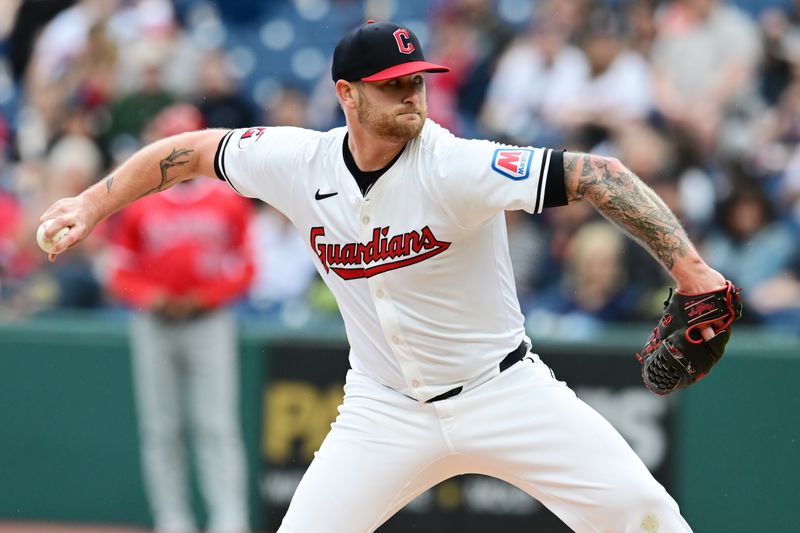 May 4, 2024; Cleveland, Ohio, USA; Cleveland Guardians starting pitcher Ben Lively (39) throws a pitch during the first inning against the Los Angeles Angels at Progressive Field. Mandatory Credit: Ken Blaze-USA TODAY Sports