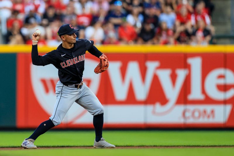 Jun 12, 2024; Cincinnati, Ohio, USA; Cleveland Guardians second baseman Andres Gimenez (0) throws to first to get Cincinnati Reds outfielder Jake Fraley (not pictured) out in the fourth inning at Great American Ball Park. Mandatory Credit: Katie Stratman-USA TODAY Sports