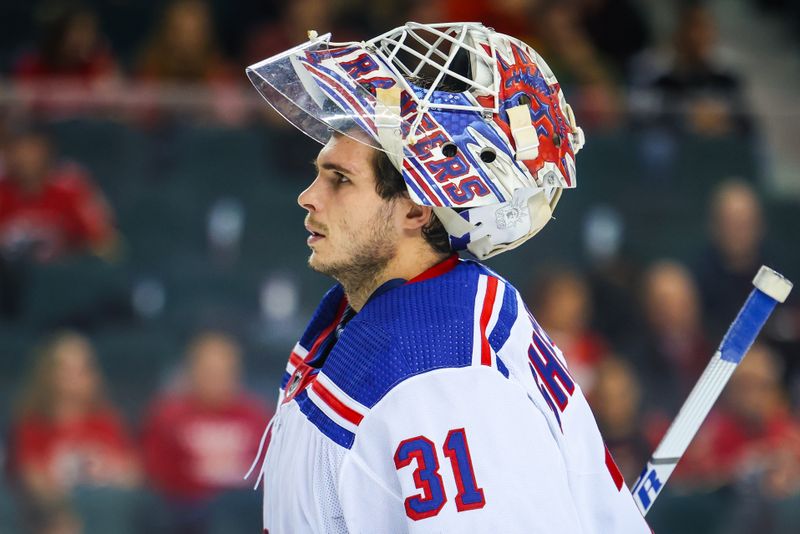 Oct 24, 2023; Calgary, Alberta, CAN; New York Rangers goaltender Igor Shesterkin (31) during the second period against the Calgary Flames at Scotiabank Saddledome. Mandatory Credit: Sergei Belski-USA TODAY Sports