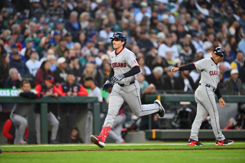 Mar 26, 2026; Seattle, Washington, USA; Cleveland Guardians right fielder Chase DeLauter (24) runs the bases after hitting a home run against the Seattle Mariners during the first inning at T-Mobile Park. Mandatory Credit: Steven Bisig-Imagn Images