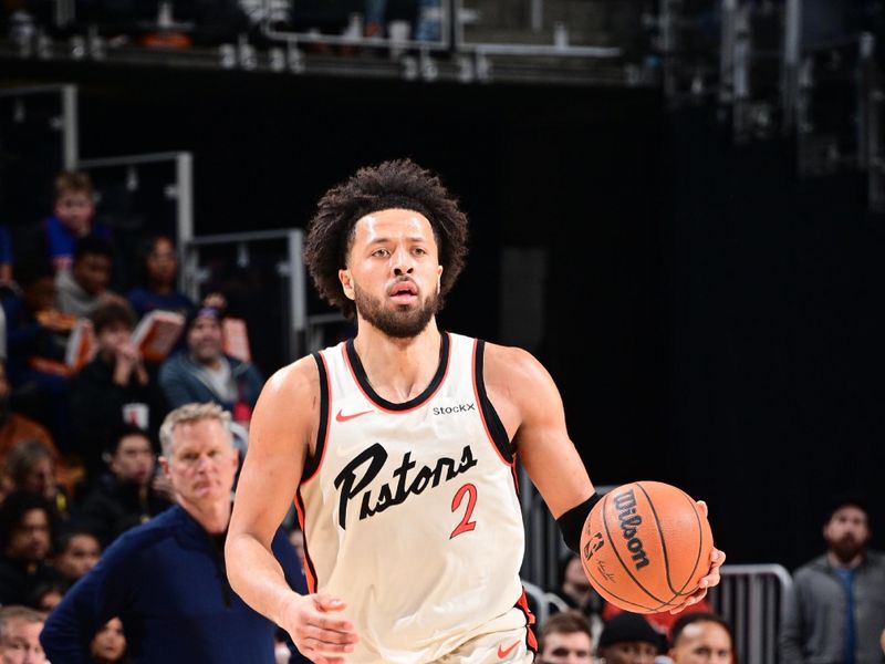 DETROIT, MI - JANUARY 9: Cade Cunningham #2 of the Detroit Pistons dribbles the ball during the game against the Golden State Warriors on January 9, 2025 at Little Caesars Arena in Detroit, Michigan. NOTE TO USER: User expressly acknowledges and agrees that, by downloading and/or using this photograph, User is consenting to the terms and conditions of the Getty Images License Agreement. Mandatory Copyright Notice: Copyright 2025 NBAE (Photo by Chris Schwegler/NBAE via Getty Images)