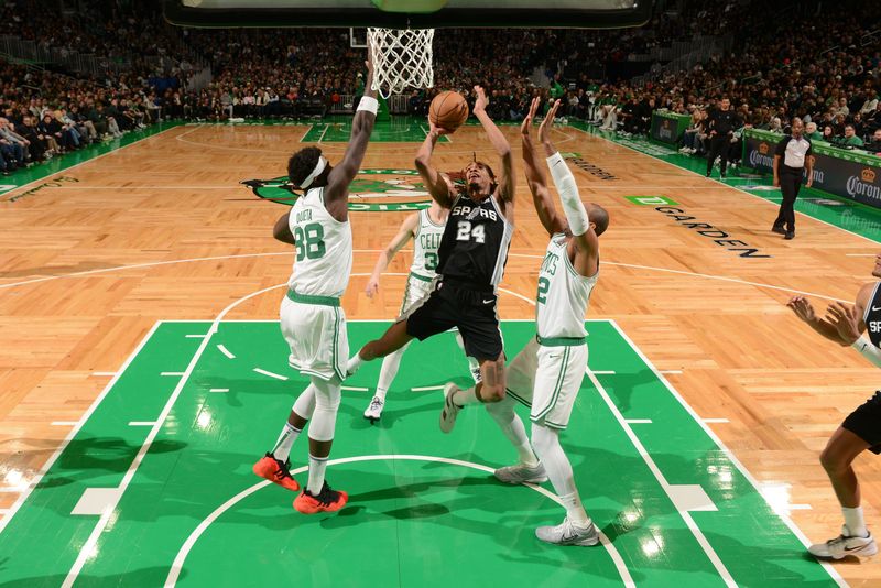 BOSTON, MA - JANUARY 17: Devin Vassell #24 of the San Antonio Spurs shoots the ball during the game against the Boston Celtics on January 17, 2024 at the TD Garden in Boston, Massachusetts. NOTE TO USER: User expressly acknowledges and agrees that, by downloading and or using this photograph, User is consenting to the terms and conditions of the Getty Images License Agreement. Mandatory Copyright Notice: Copyright 2024 NBAE  (Photo by Brian Babineau/NBAE via Getty Images)