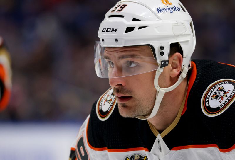 Feb 19, 2024; Buffalo, New York, USA;  Anaheim Ducks center Sam Carrick (39) waits for the face-off during the first period against the Buffalo Sabres at KeyBank Center. Mandatory Credit: Timothy T. Ludwig-USA TODAY Sports