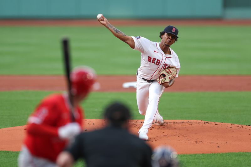 Jun 3, 2025; Boston, Massachusetts, USA; Boston Red Sox starting pitcher Brayan Bello (66) delivers a pitch during the first inning against the Los Angeles Angels at Fenway Park. Mandatory Credit: Paul Rutherford-Imagn Images