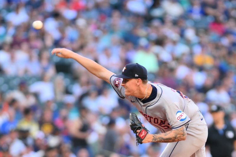 Jul 19, 2024; Seattle, Washington, USA; Houston Astros starting pitcher Hunter Brown (58) pitches to the Seattle Mariners during the first inning at T-Mobile Park. Mandatory Credit: Steven Bisig-USA TODAY Sports