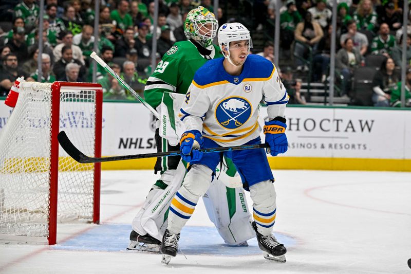 Apr 9, 2024; Dallas, Texas, USA; Buffalo Sabres center Dylan Cozens (24) skates in front of Dallas Stars goaltender Jake Oettinger (29) during the third period at the American Airlines Center. Mandatory Credit: Jerome Miron-USA TODAY Sports