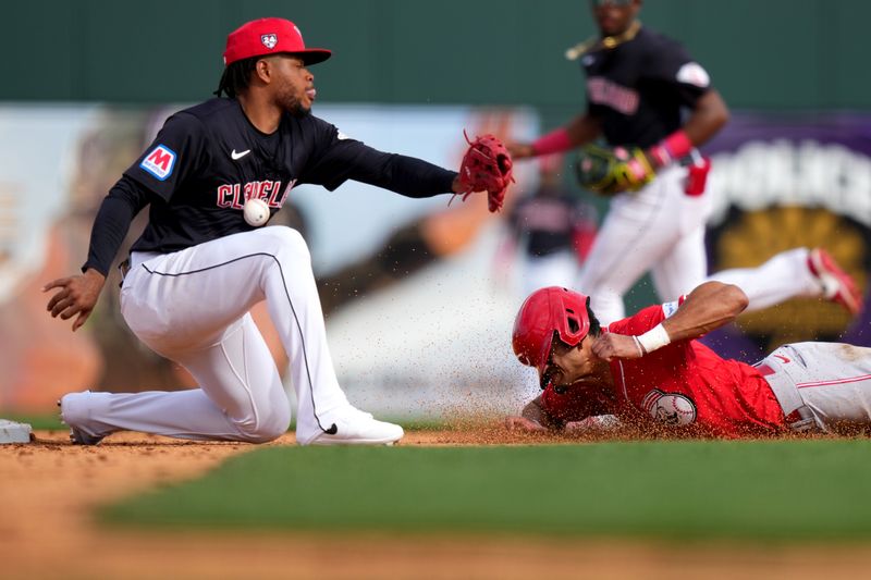 Feb. 24, 2024; Goodyear, Arizona, USA; Cincinnati Reds outfielder Bubba Thompson steals second base in the eighth inning during a MLB spring training baseball game against the Cleveland Guardians at Goodyear Ballpark. Mandatory Credit: Kareem Elgazzar-USA TODAY Sports