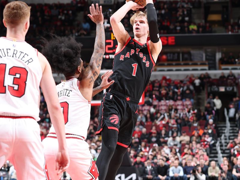 CHICAGO, IL - FEBRUARY 28:  Gradey Dick #1 of the Toronto Raptors shoots the ball during the game on February 28, 2025 at United Center in Chicago, Illinois. NOTE TO USER: User expressly acknowledges and agrees that, by downloading and or using this photograph, User is consenting to the terms and conditions of the Getty Images License Agreement. Mandatory Copyright Notice: Copyright 2025 NBAE (Photo by Jeff Haynes/NBAE via Getty Images)