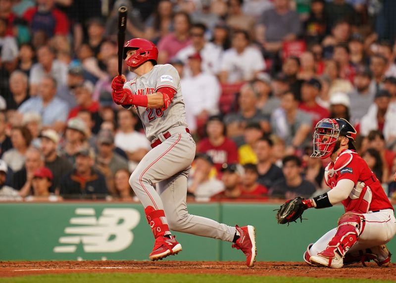 Jun 1, 2023; Boston, Massachusetts, USA; Cincinnati Reds shortstop Kevin Newman (28) hits a double and drives in a run against the Boston Red Sox in the third inning at Fenway Park. Mandatory Credit: David Butler II-USA TODAY Sports