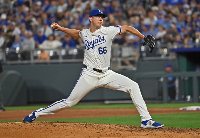 Jul 3, 2024; Kansas City, Missouri, USA;  Kansas City Royals pitcher James McArthur (66) delivers a pitch in the eighth inning against the Tampa Bay Rays at Kauffman Stadium. Mandatory Credit: Peter Aiken-USA TODAY Sports