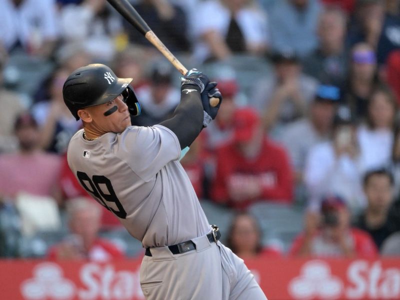 May 30, 2024; Anaheim, California, USA;  New York Yankees center fielder Aaron Judge (99) at bat in the first inning against the Los Angeles Angels at Angel Stadium. Mandatory Credit: Jayne Kamin-Oncea-USA TODAY Sports