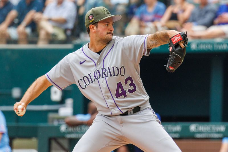 May 21, 2023; Arlington, Texas, USA; Colorado Rockies starting pitcher Connor Seabold (43) throws during the second inning against the Texas Rangers at Globe Life Field. Mandatory Credit: Andrew Dieb-USA TODAY Sports