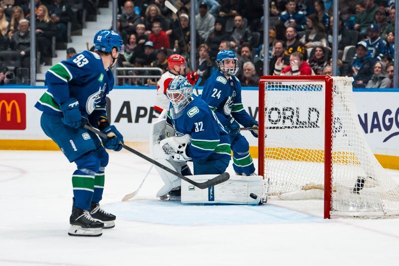 Mar 4, 2026; Vancouver, British Columbia, CAN; Vancouver Canucks forward Marco Rossi (93) and goalie Kevin Lankinen (32) and defenseman Zeev Buium (24) react as Carolina Hurricanes forward Nikolaj Ehlers (27) celebrates his goal in the second at Rogers Arena. Mandatory Credit: Bob Frid-Imagn Images
