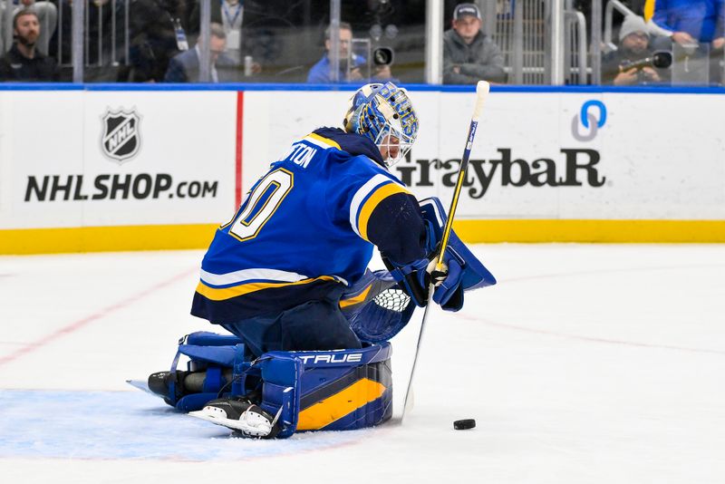 Nov 21, 2024; St. Louis, Missouri, USA;  St. Louis Blues goaltender Jordan Binnington (50) defends the net against the San Jose Sharks during the first period at Enterprise Center. Mandatory Credit: Jeff Curry-Imagn Images