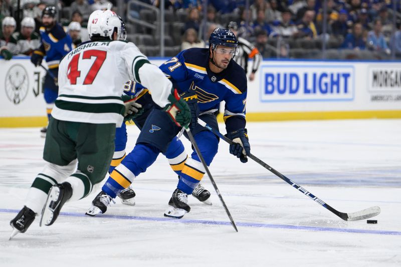 Oct 15, 2024; St. Louis, Missouri, USA; St. Louis Blues right wing Mathieu Joseph (71) skates against Minnesota Wild defenseman Declan Chisholm (47) during the second period at Enterprise Center. Mandatory Credit: Jeff Le-Imagn Images