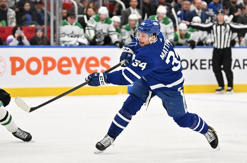 Feb 7, 2024; Toronto, Ontario, CAN; Toronto Maple Leafs forward Auston Matthews (34) shoots the puck against the Dallas Stars in the third period at Scotiabank Arena. Mandatory Credit: Dan Hamilton-USA TODAY Sports