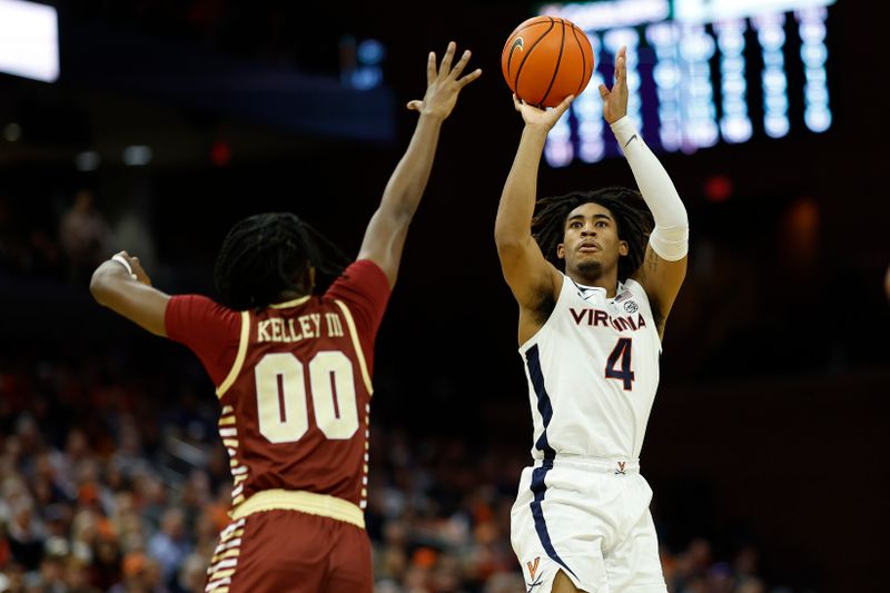 Jan 28, 2023; Charlottesville, Virginia, USA; Virginia Cavaliers guard Armaan Franklin (4) shoots the ball over Boston College Eagles guard Chas Kelley (00) in the second half at John Paul Jones Arena. Mandatory Credit: Geoff Burke-USA TODAY Sports