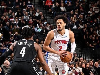 BROOKLYN, NY - DECEMBER 23: Cade Cunningham #2 of the Detroit Pistons handles the ball during the game against the Brooklyn Nets on December 23, 2023 at Barclays Center in Brooklyn, New York. NOTE TO USER: User expressly acknowledges and agrees that, by downloading and or using this Photograph, user is consenting to the terms and conditions of the Getty Images License Agreement. Mandatory Copyright Notice: Copyright 2023 NBAE (Photo by David Dow/NBAE via Getty Images)