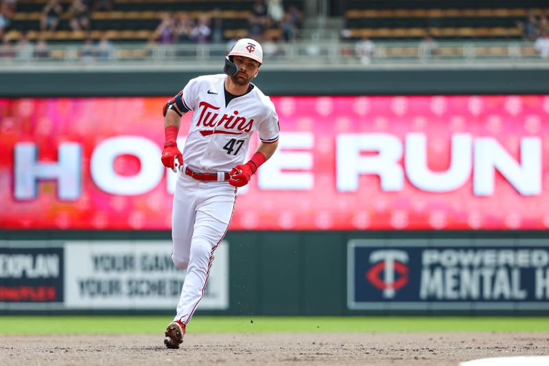 May 24, 2023; Minneapolis, Minnesota, USA; Minnesota Twins second baseman Edouard Julien (47) rounds the bases after hitting a solo home run against the San Francisco Giants during the first inning at Target Field. Mandatory Credit: Matt Krohn-USA TODAY Sports