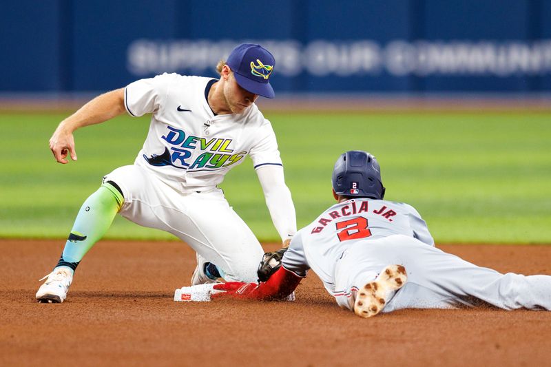 Jun 28, 2024; St. Petersburg, Florida, USA;  Washington Nationals second base Luis Garcia Jr. (2) steals second base from Tampa Bay Rays shortstop Taylor Walls (6) in the fourth inning at Tropicana Field. Mandatory Credit: Nathan Ray Seebeck-USA TODAY Sports