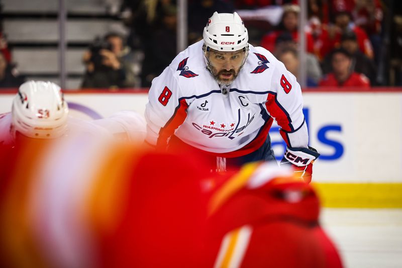Jan 23, 2026; Calgary, Alberta, CAN; Washington Capitals left wing Alex Ovechkin (8) during the face off against the Calgary Flames during the second period at Scotiabank Saddledome. Mandatory Credit: Sergei Belski-Imagn Images