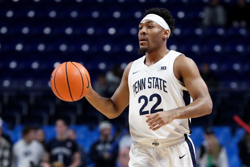 Feb 14, 2023; University Park, Pennsylvania, USA; Penn State Nittany Lions guard Jalen Pickett (22) dribbles the ball during the first half against the Illinois Fighting Illini at Bryce Jordan Center. Penn State defeated Illinois 93-81. Mandatory Credit: Matthew OHaren-USA TODAY Sports