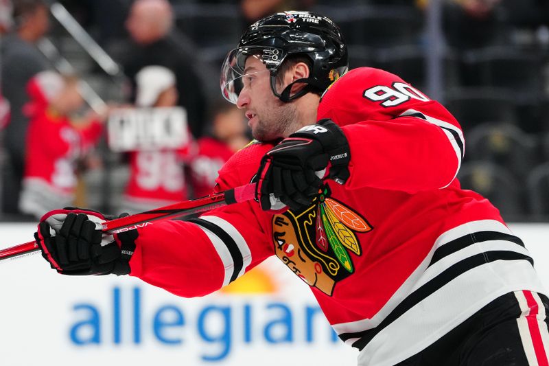 Oct 27, 2023; Las Vegas, Nevada, USA; Chicago Blackhawks center Tyler Johnson (90) warms up before a game against the Vegas Golden Knights at T-Mobile Arena. Mandatory Credit: Stephen R. Sylvanie-USA TODAY Sports