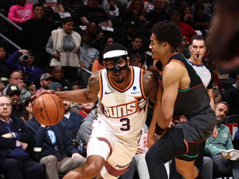 WASHINGTON, DC -? FEBRUARY 4: Bradley Beal #3 of the Phoenix Suns drives to the basket during the game against the Washington Wizards on February 4, 2024 at Capital One Arena in Washington, DC. NOTE TO USER: User expressly acknowledges and agrees that, by downloading and or using this Photograph, user is consenting to the terms and conditions of the Getty Images License Agreement. Mandatory Copyright Notice: Copyright 2024 NBAE (Photo by Kenny Giarla/NBAE via Getty Images)