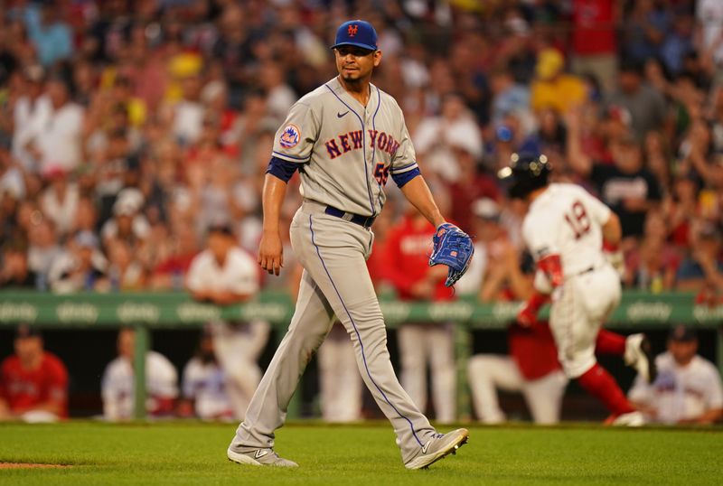 Jul 23, 2023; Boston, Massachusetts, USA; Boston Red Sox center fielder Adam Duvall (18) hits a double to left field to drive in a run against New York Mets starting pitcher Carlos Carrasco (59) in the third inning at Fenway Park. Mandatory Credit: David Butler II-USA TODAY Sports