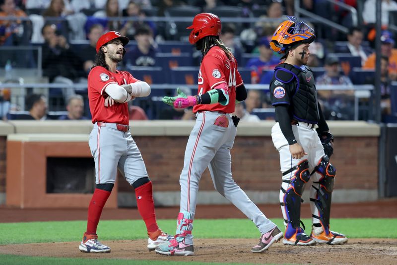 Sep 6, 2024; New York City, New York, USA; Cincinnati Reds shortstop Elly De La Cruz (44) celebrates his two run home run against the New York Mets with second baseman Jonathan India (6) during the fourth inning at Citi Field. Mandatory Credit: Brad Penner-Imagn Images