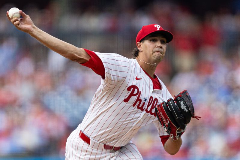 Jul 27, 2024; Philadelphia, Pennsylvania, USA;  Philadelphia Phillies pitcher Tyler Phillips (48) throws a pitch during the first inning against the Cleveland Guardians at Citizens Bank Park. Mandatory Credit: Bill Streicher-USA TODAY Sports