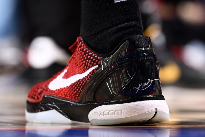 PHILADELPHIA, PA - MARCH 18: The sneakers worn by Duncan Robinson #55 of the Miami Heat during the game against the Philadelphia 76ers on March 18, 2024 at the Wells Fargo Center in Philadelphia, Pennsylvania NOTE TO USER: User expressly acknowledges and agrees that, by downloading and/or using this Photograph, user is consenting to the terms and conditions of the Getty Images License Agreement. Mandatory Copyright Notice: Copyright 2024 NBAE (Photo by David Dow/NBAE via Getty Images)