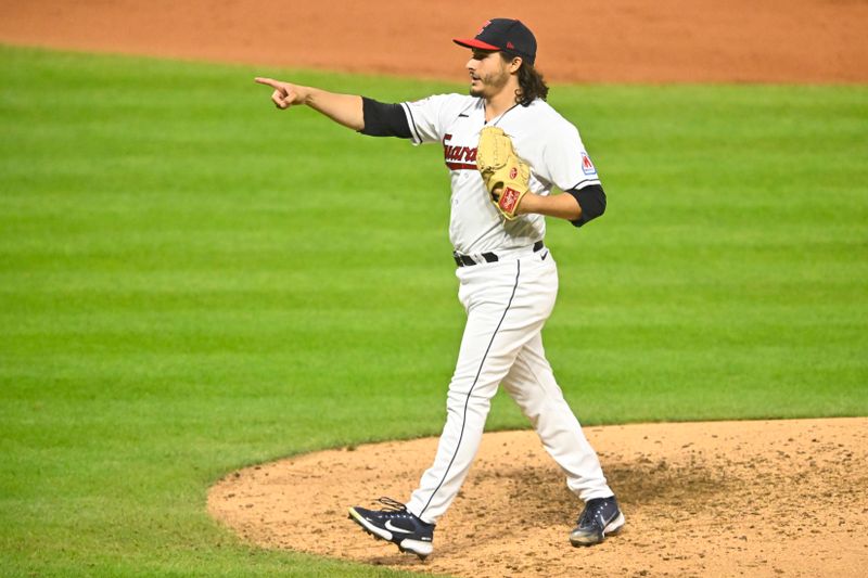 Sep 26, 2023; Cleveland, Ohio, USA; Cleveland Guardians relief pitcher Eli Morgan (49) reacts in the fourth inning against the Cincinnati Reds at Progressive Field. Mandatory Credit: David Richard-USA TODAY Sports